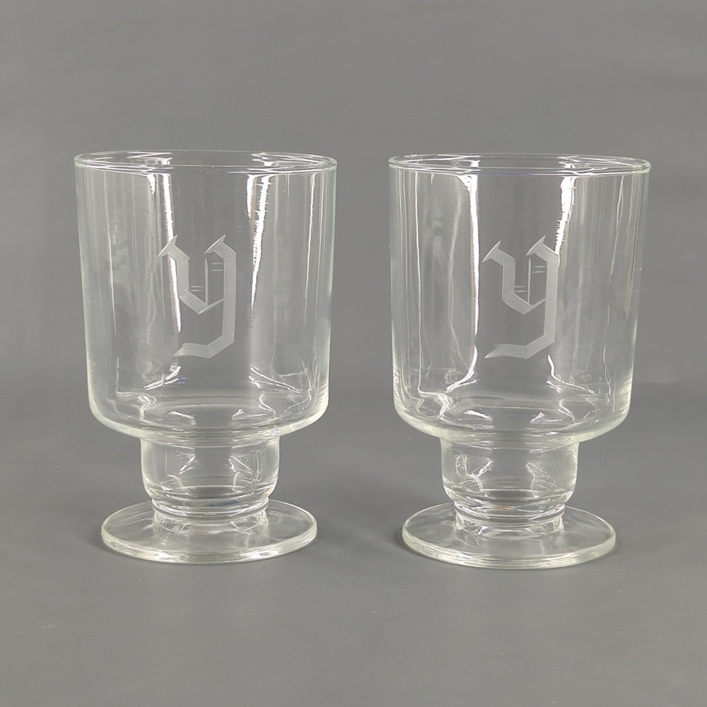 Yale University Etched Glass Goblets Set of 2 Footed Monogram Y Collegiate